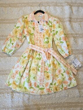 Hermoza Cream Floral Mini Dress with Yellow, Peach & Green Accents Small